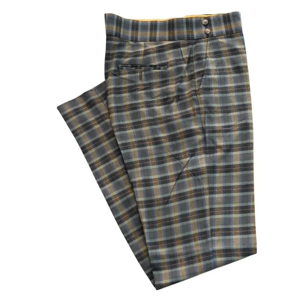 Mens Gurkha Pants 36 Blue Brown Plaid High Waist Flat Front Slim Fit Trousers